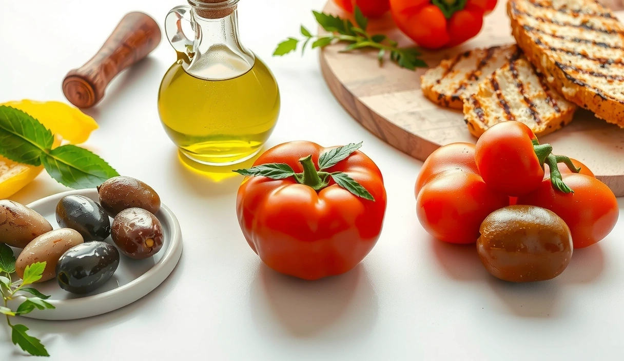 Mesa llena de alimentos mediterráneos como aceitunas, tomates, pescado y aceite de oliva