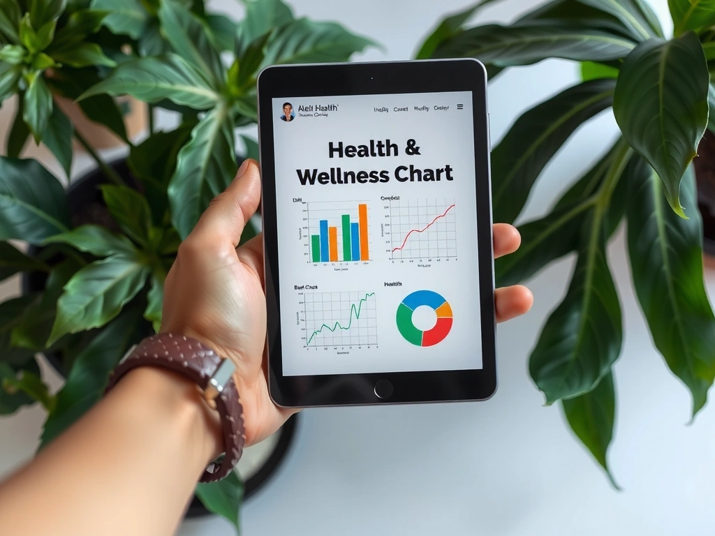 Mano sosteniendo una tableta con gráficos de salud y bienestar, rodeada de plantas y elementos naturales, simbolizando el conocimiento y la naturaleza.