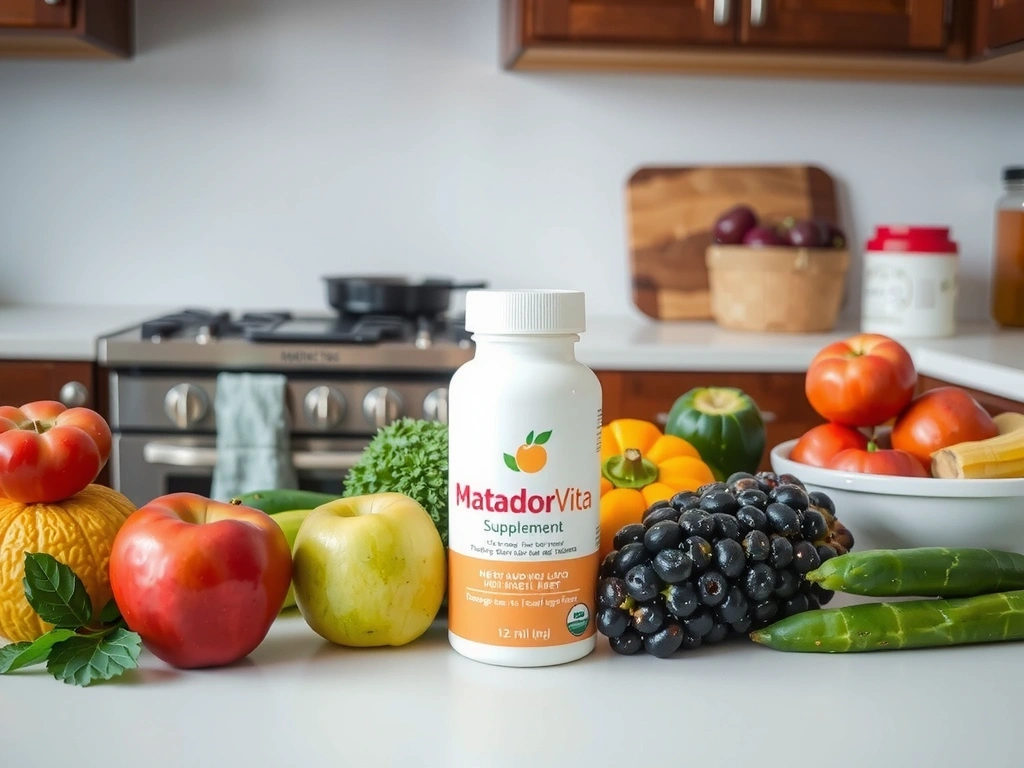 Frasco de Matadorvitacz sobre una mesa con frutas y verduras