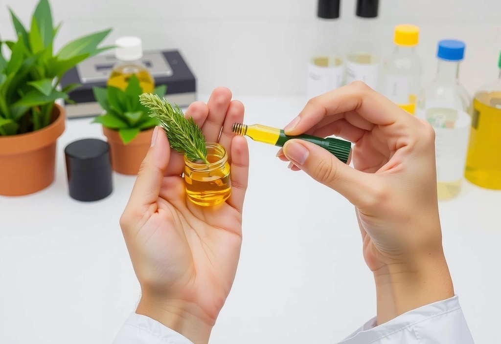Primer plano de manos sosteniendo extractos botánicos en un laboratorio limpio, con equipo de laboratorio borroso en el fondo, simbolizando la calidad y la ciencia.