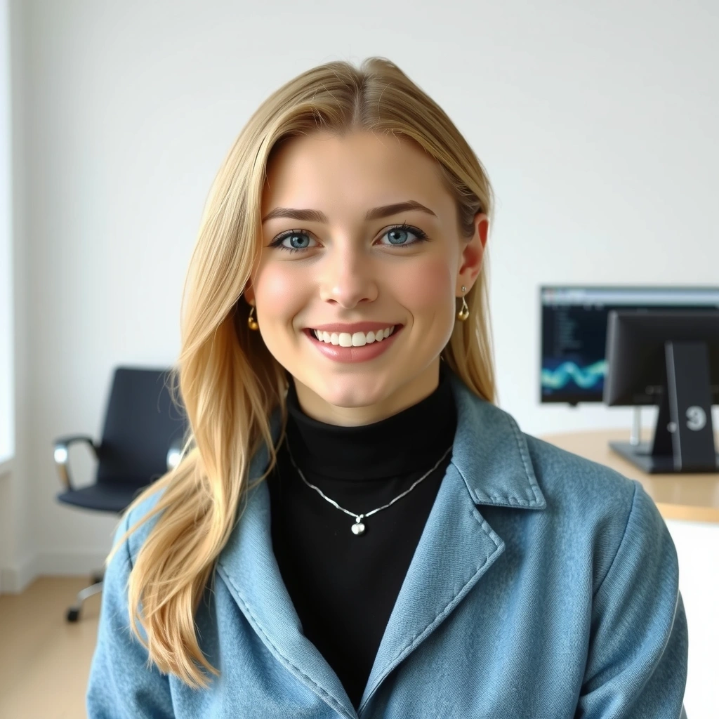 Retrato de una joven mujer con cabello rubio, con una sonrisa amigable, en un entorno luminoso y moderno de una oficina de diseño de productos.